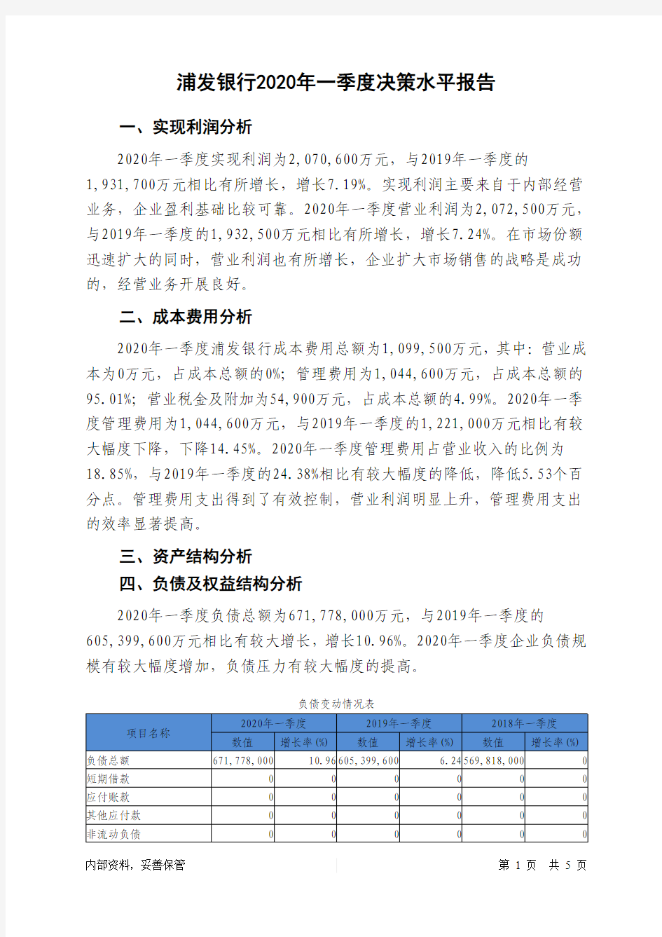 浦发银行2020年一季度决策水平分析报告-智泽华