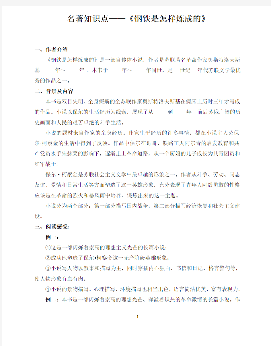 中考复习 《钢铁是怎样炼成的》知识点整理