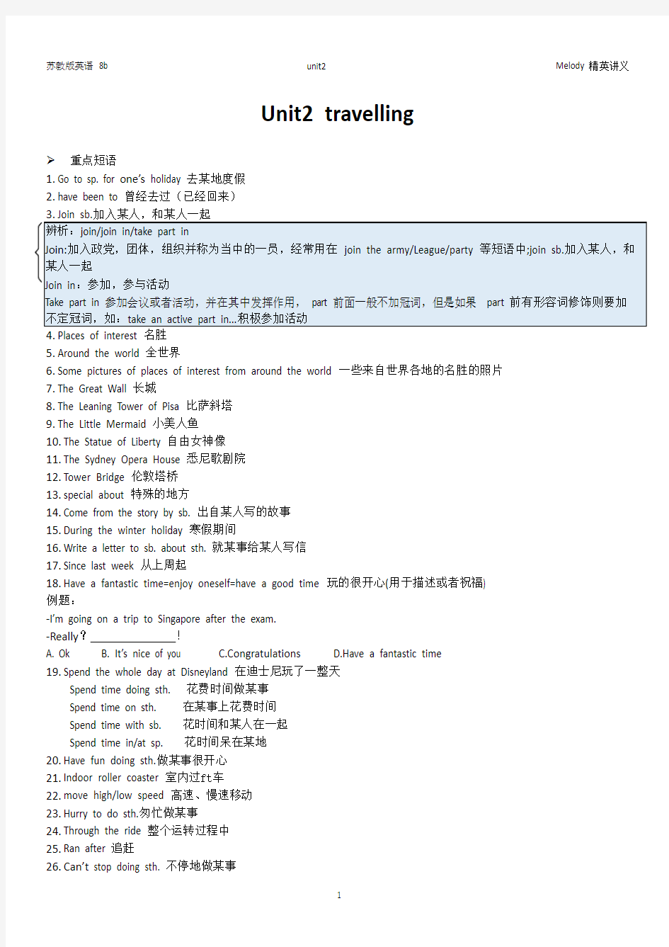 (完整版)苏教版英语8bunit2知识点梳理(可编辑修改word版)