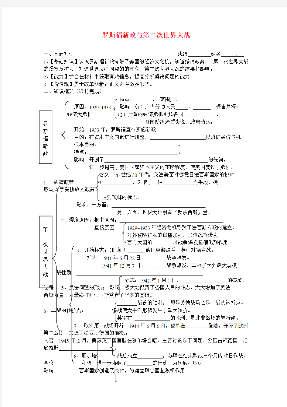 江苏省溧阳市汤桥初级中学中考历史专题复习 罗斯福新政与第二次世界大战学案