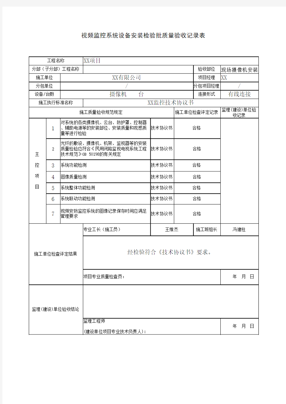 视频监控系统摄像机类检验批质量验收记录表