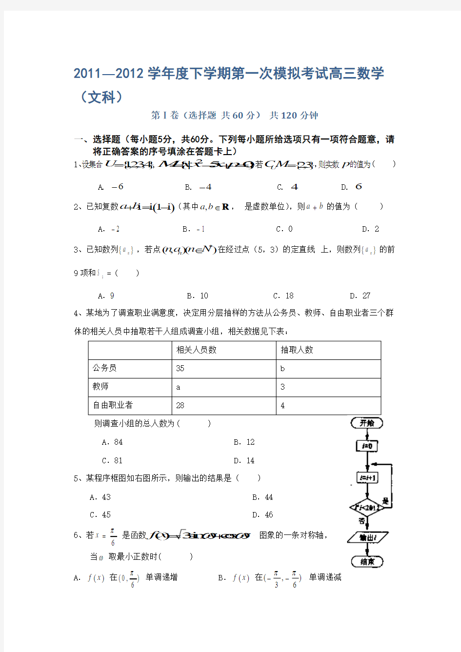 河北省衡水中学2012届高三第一次模拟考试(数学文)