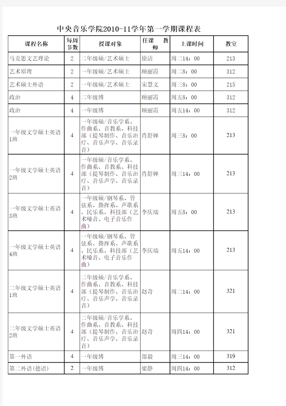 中央音乐学院 课程表