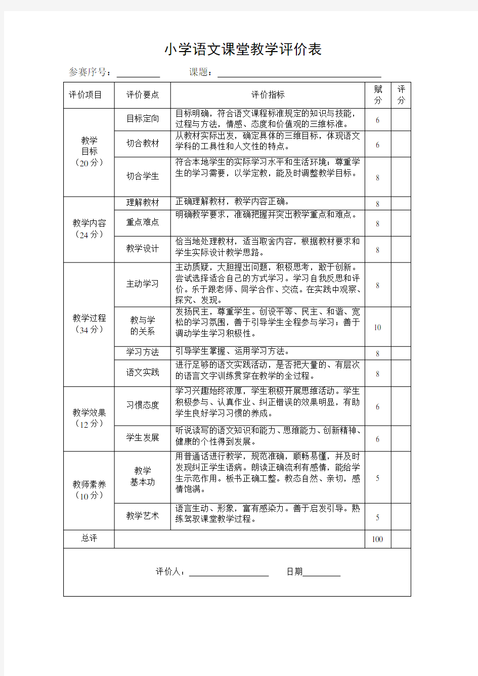 小学语文评课标准