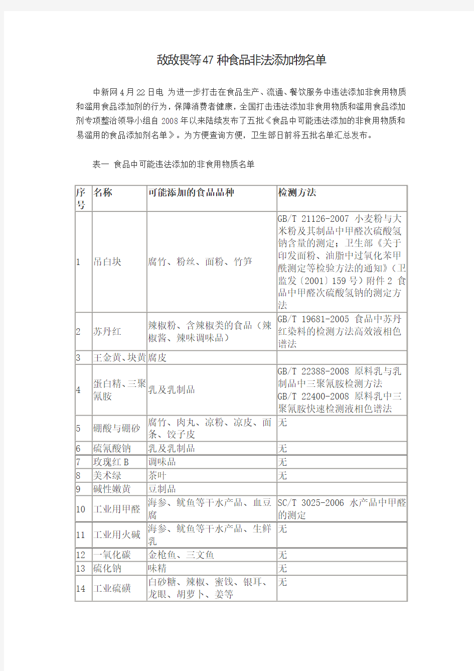 47种食品非法添加物名单