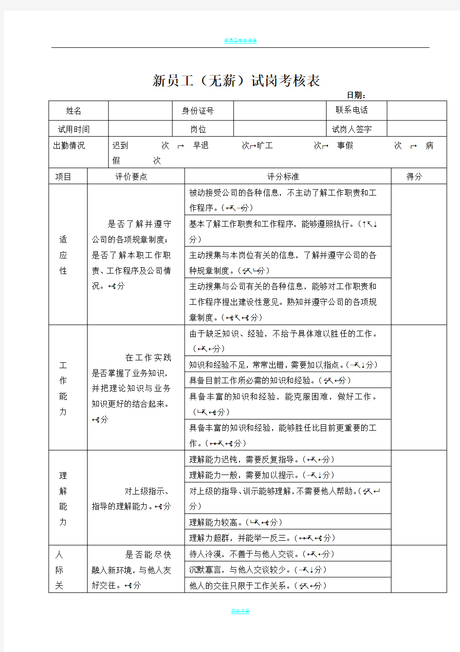 新员工试岗期考核表