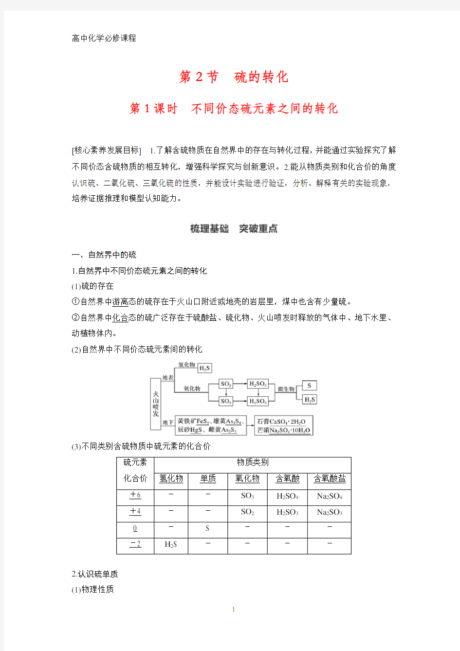 高中化学必修1：3.2.1  不同价态硫元素之间的转化