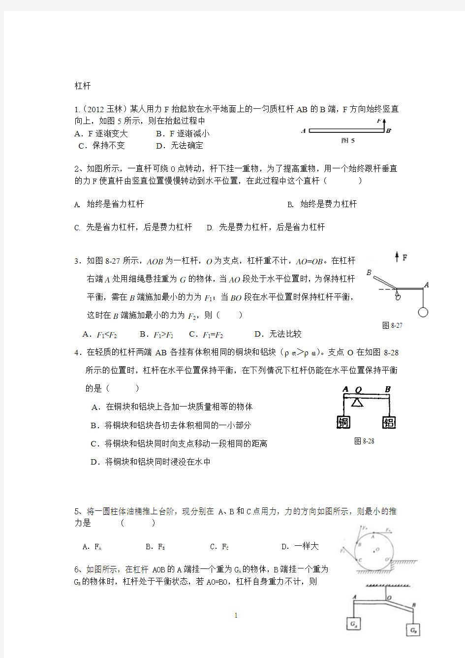 浙教版九年级科学杠杆滑轮专题复习