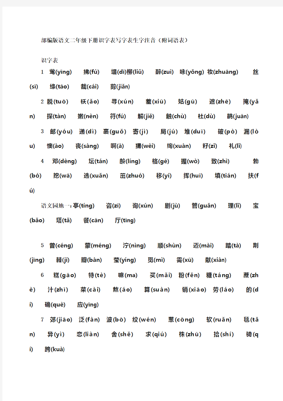 部编版语文二年级下册识字表写字表生字注音