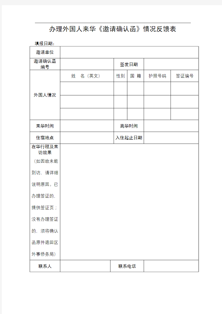 办理外国人来华《邀请确认函》情况反馈表【模板】