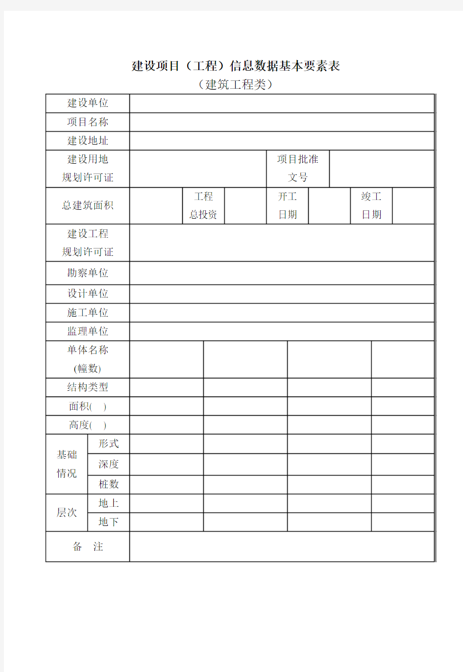 建设项目工程信息数据基本要素表