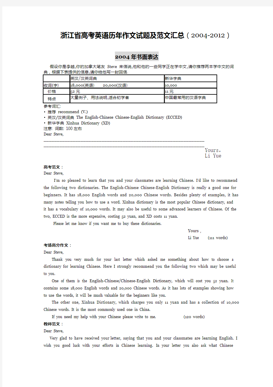 浙江省历年英语高考作文试题及范文 