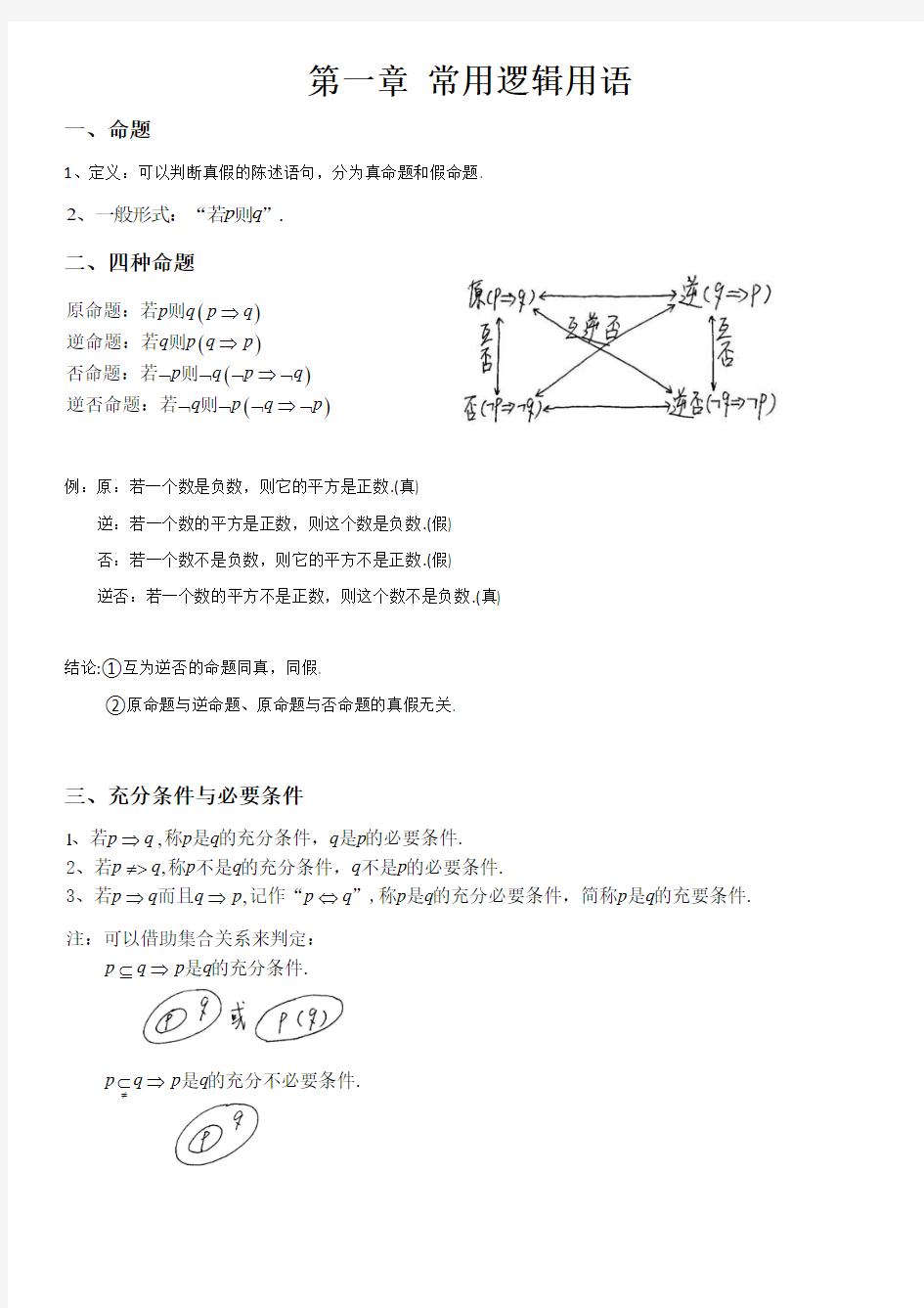 高中数学选修2-1《常用逻辑用语》知识点讲义