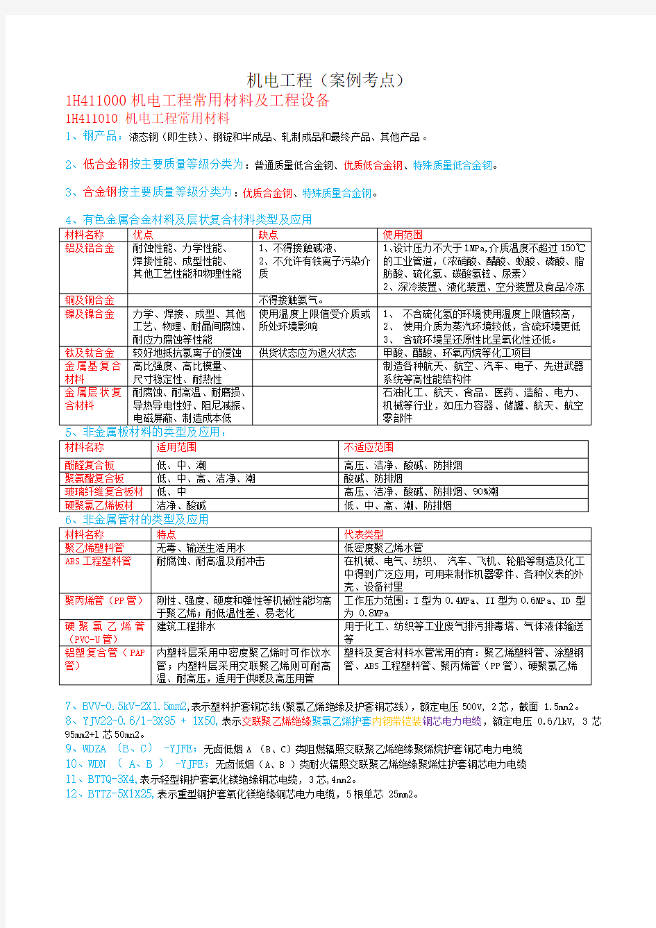 2020年一建机电工程实务考点总结(涵盖70%基本考点)