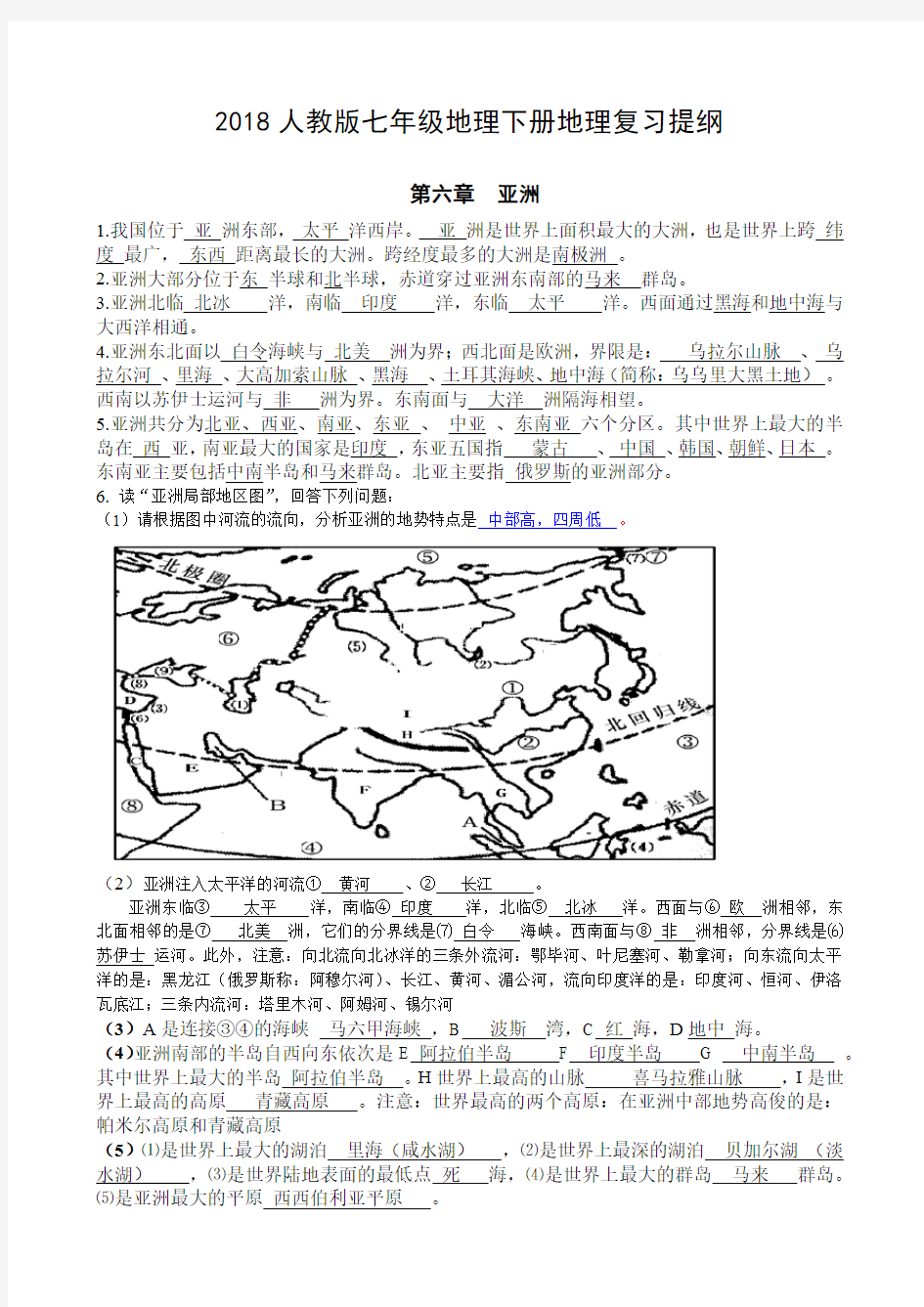 (完整版)最新版人教版七年级地理下册地理知识点总结