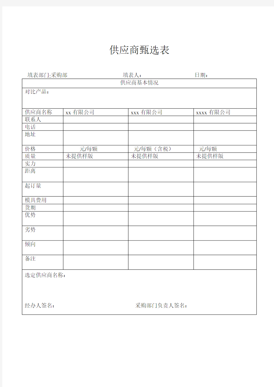 (完整版)供应商询价对比表