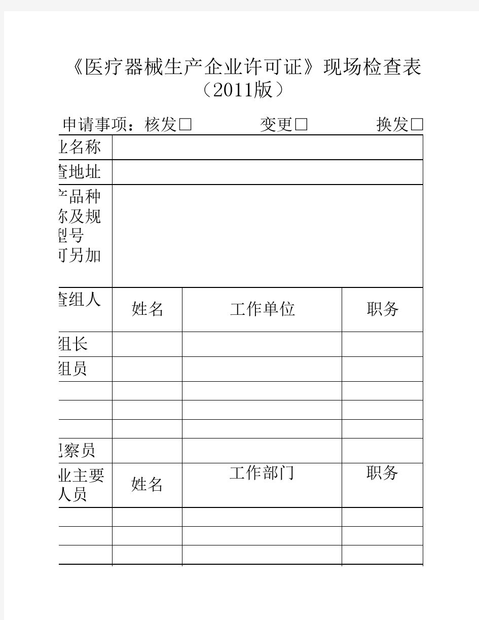 申请医疗器械生产许可证现场检查表(2011版)