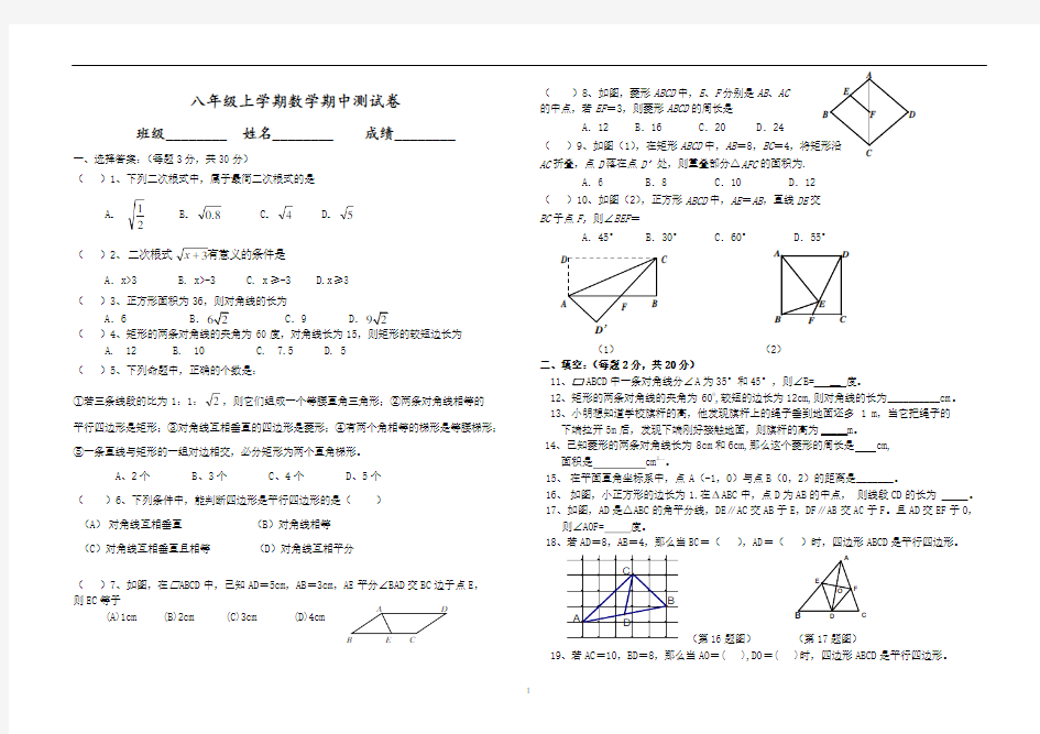 八年级上学期数学期中测试卷及答案