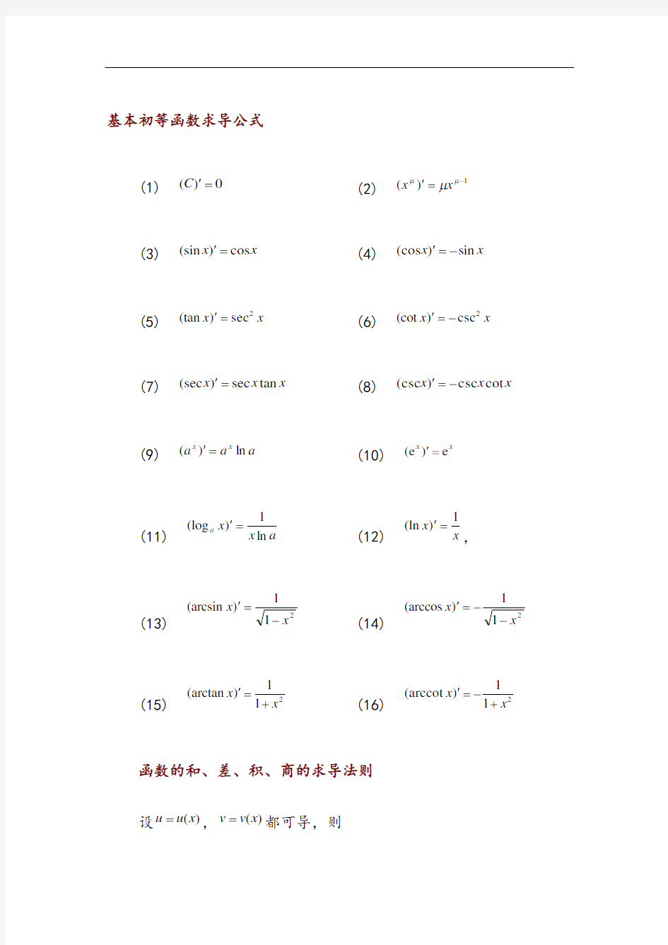 常用基本初等函数求导公式积分公式