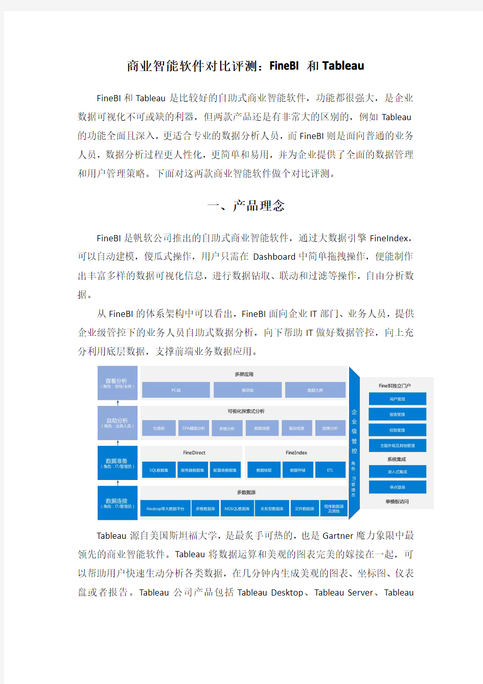 商业智能软件对比评测：FineBI和Tableau