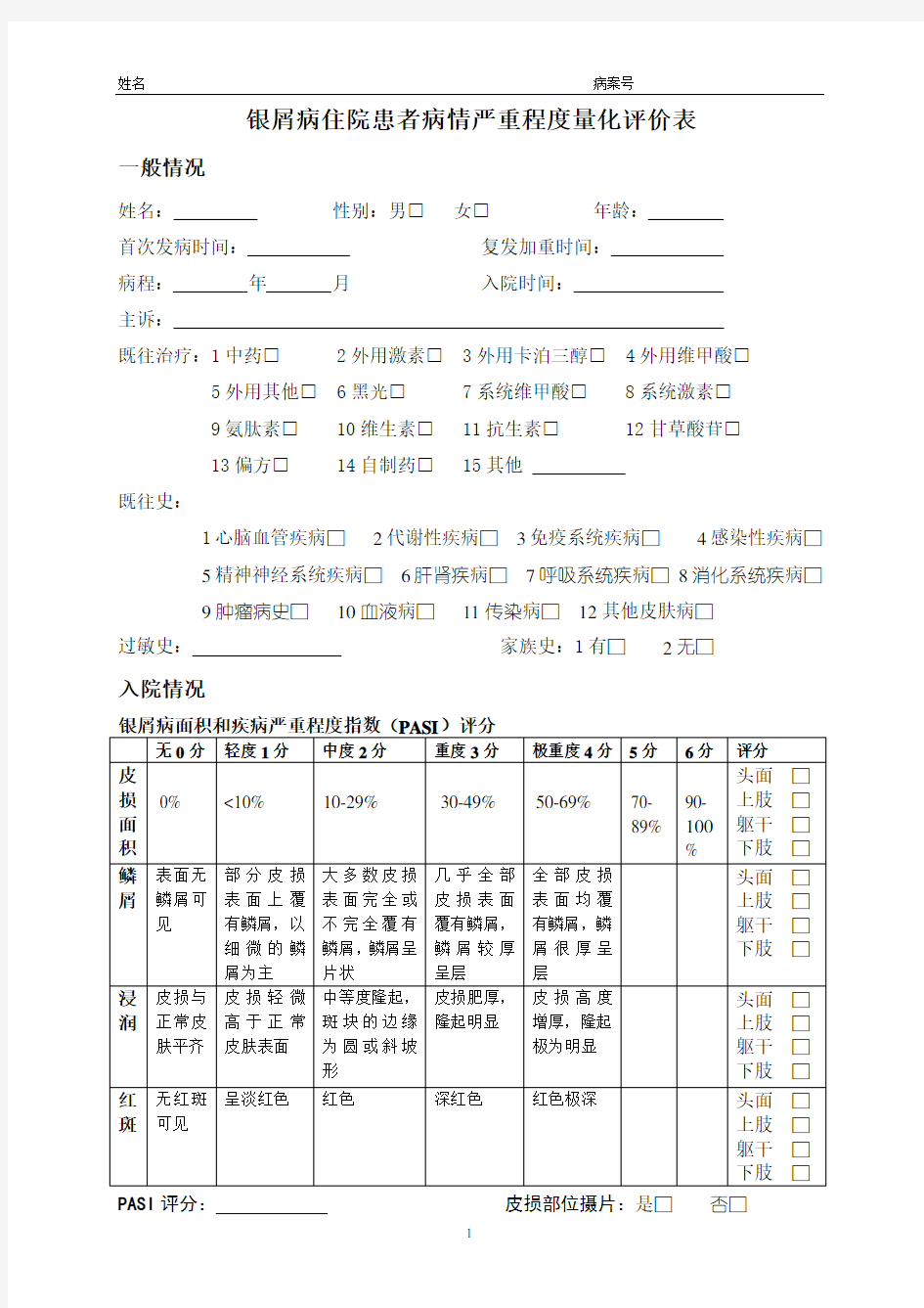 银屑病病情严重程度量化表