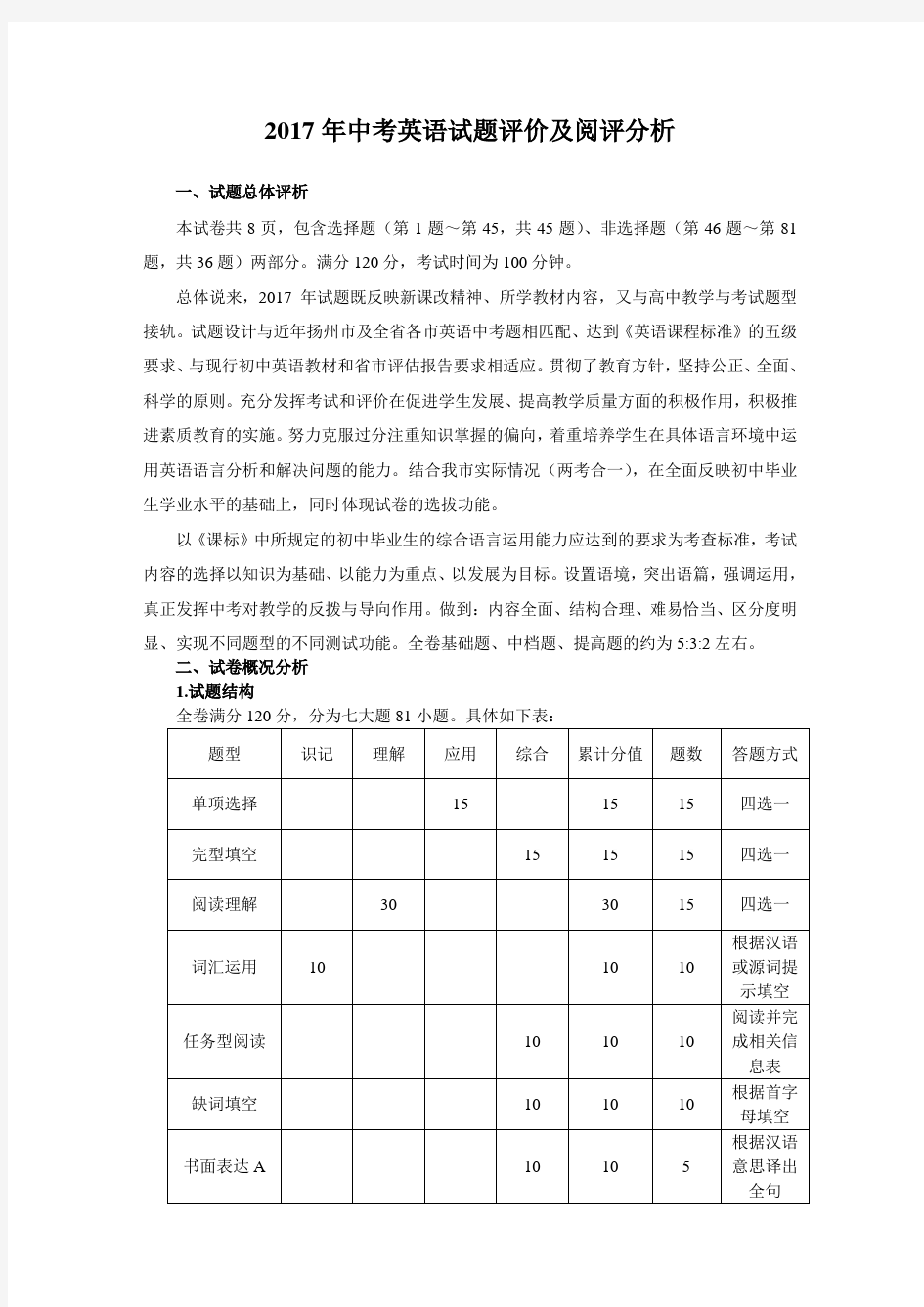 2017年中考英语试题评价及阅评分析