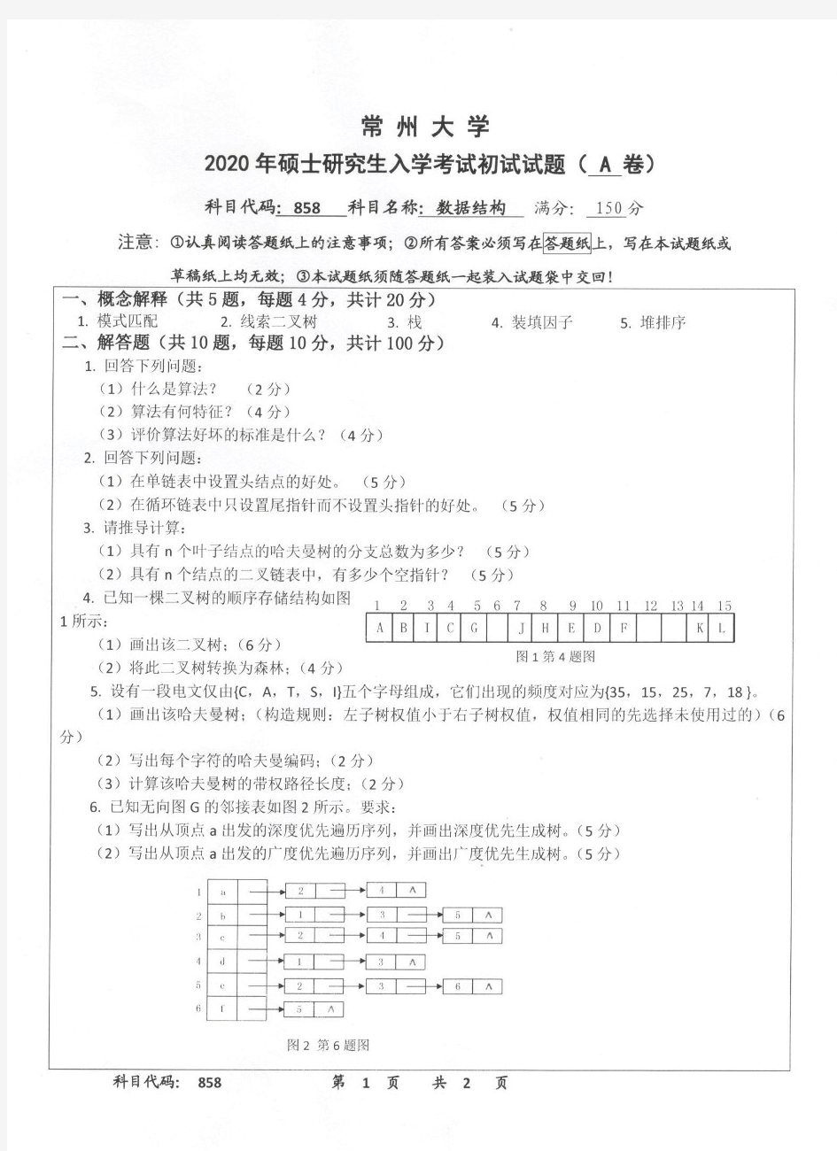 常州大学858数据结构2020年考研真题试题