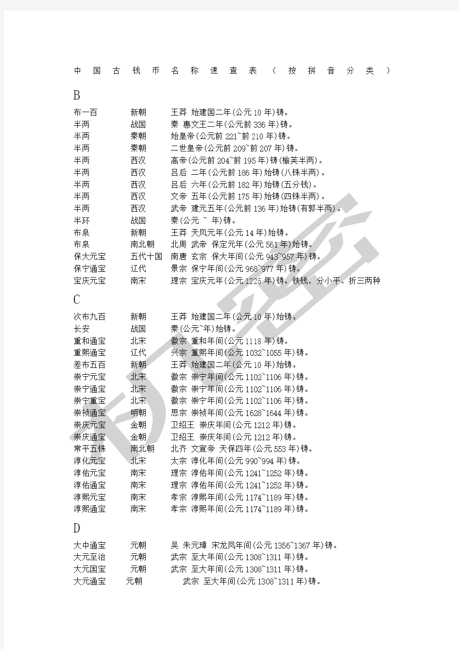 中国古钱币名称速查表按拼音分类