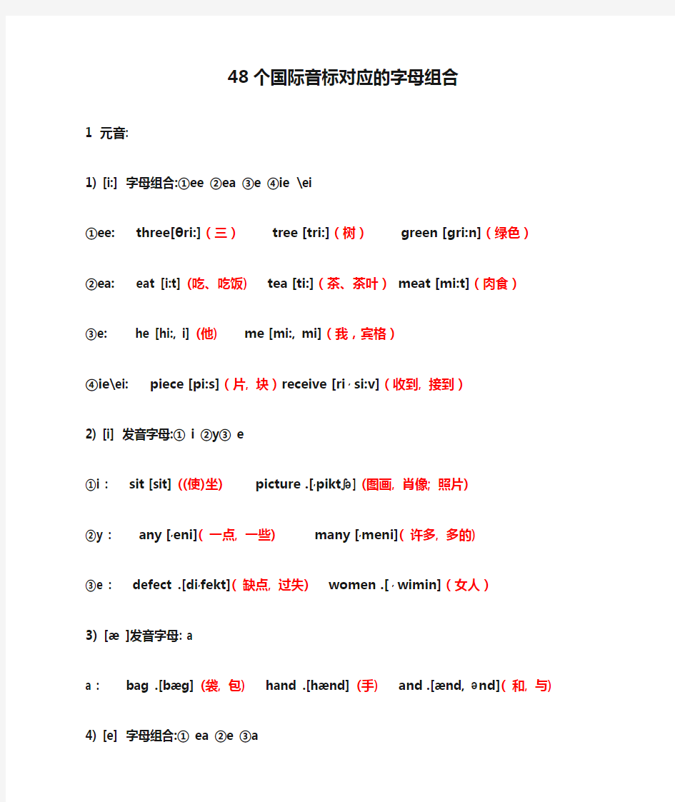 48个国际音标对应的字母组合及例词(WORD可打印版)