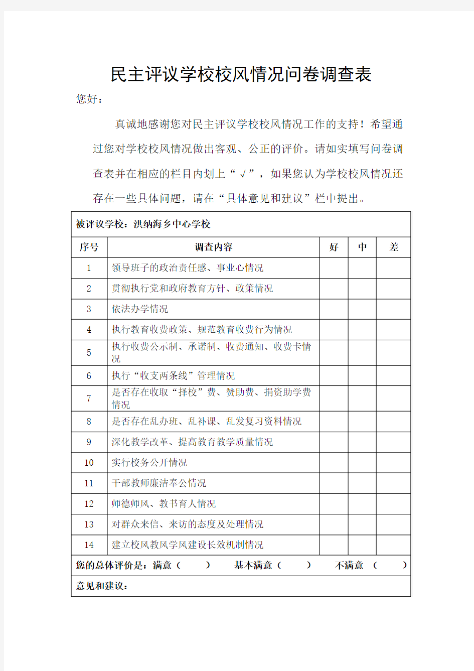 民主评议学校校风情况问卷调查表1