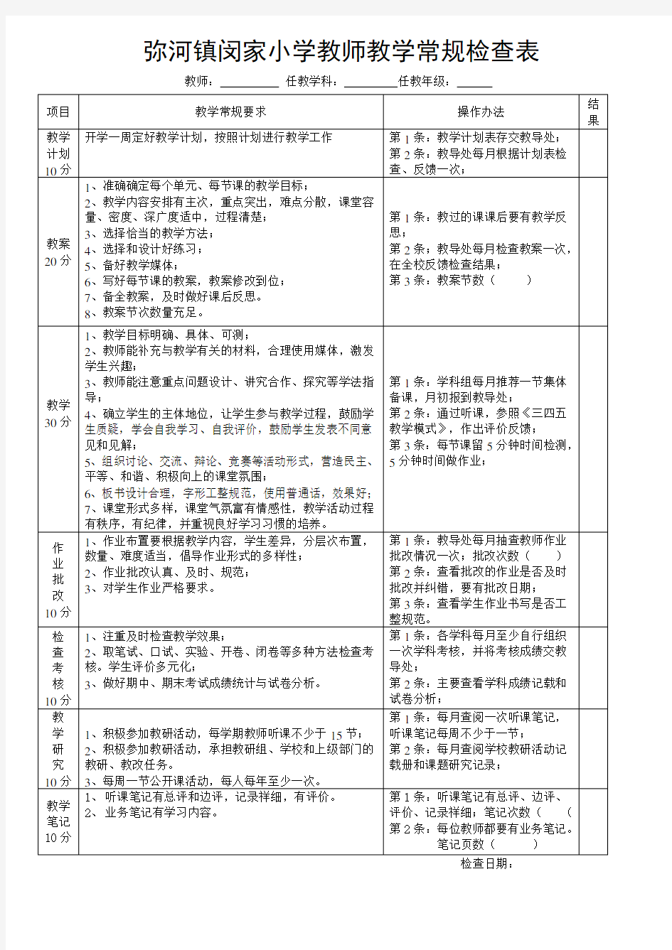 弥河镇闵家小学教师教学常规检查表