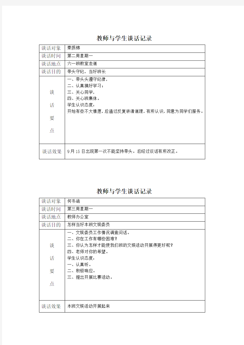 教师与学生谈话记录表