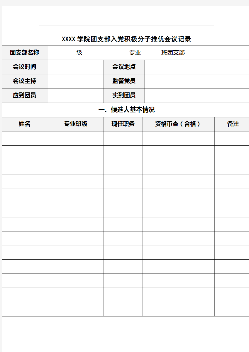 团支部入党积极分子推优会议记录