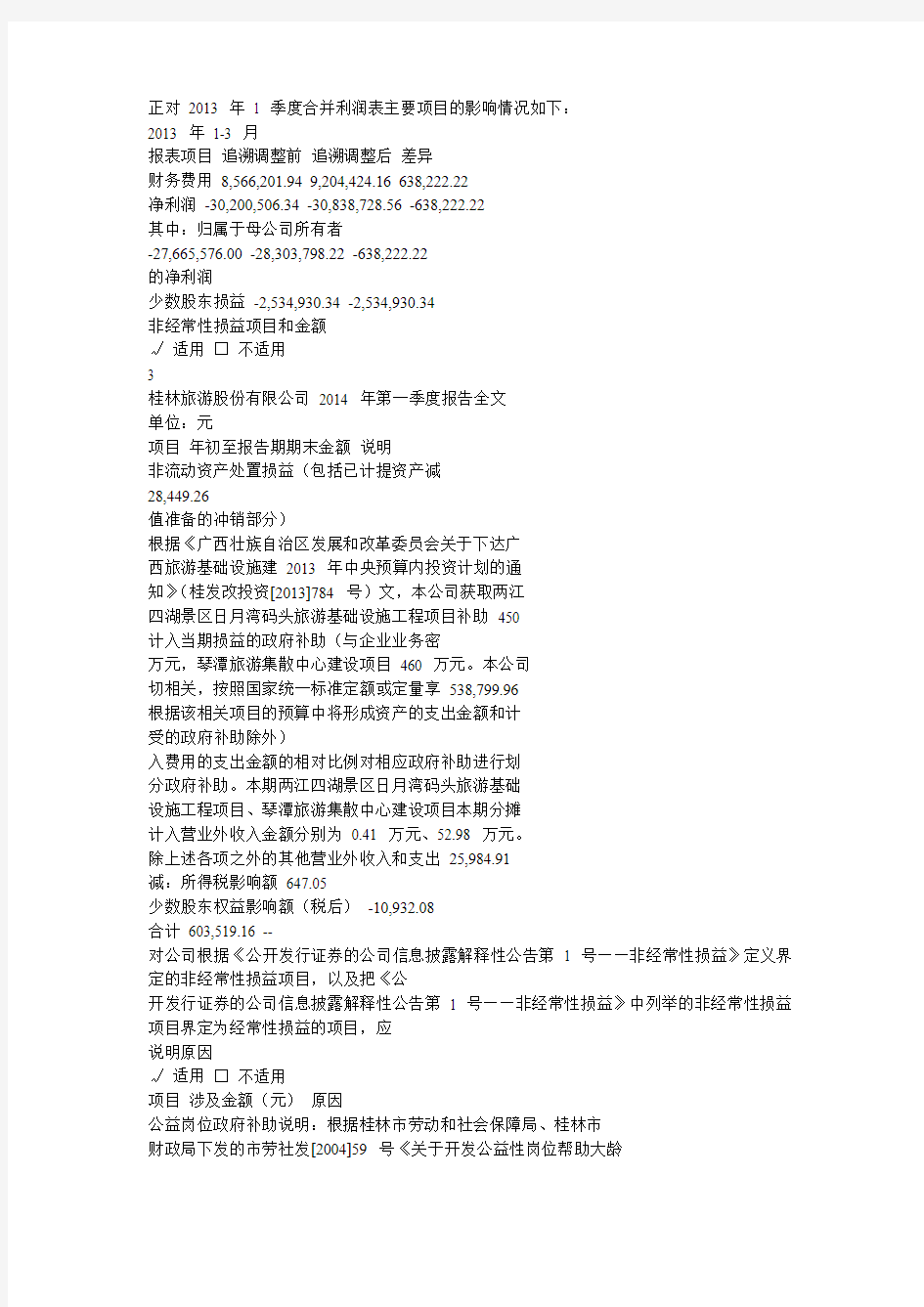 桂林旅游股份有限公司 2014 年第一季度报告全文