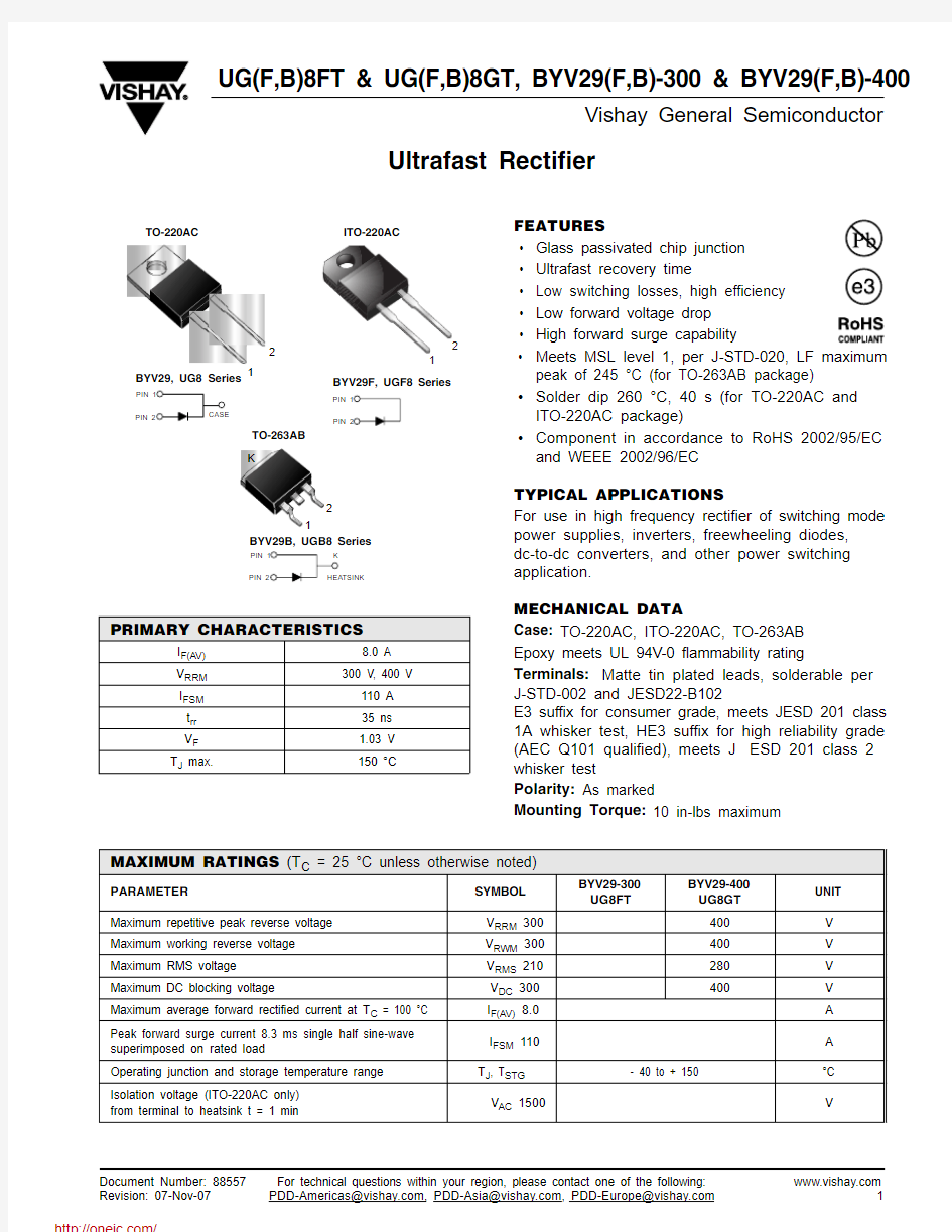 BYV29-300-E345;BYV29-400-E345;UG8FT-E345;UG8GT-E345;BYV29B-300HE381;中文规格书,Datasheet资料