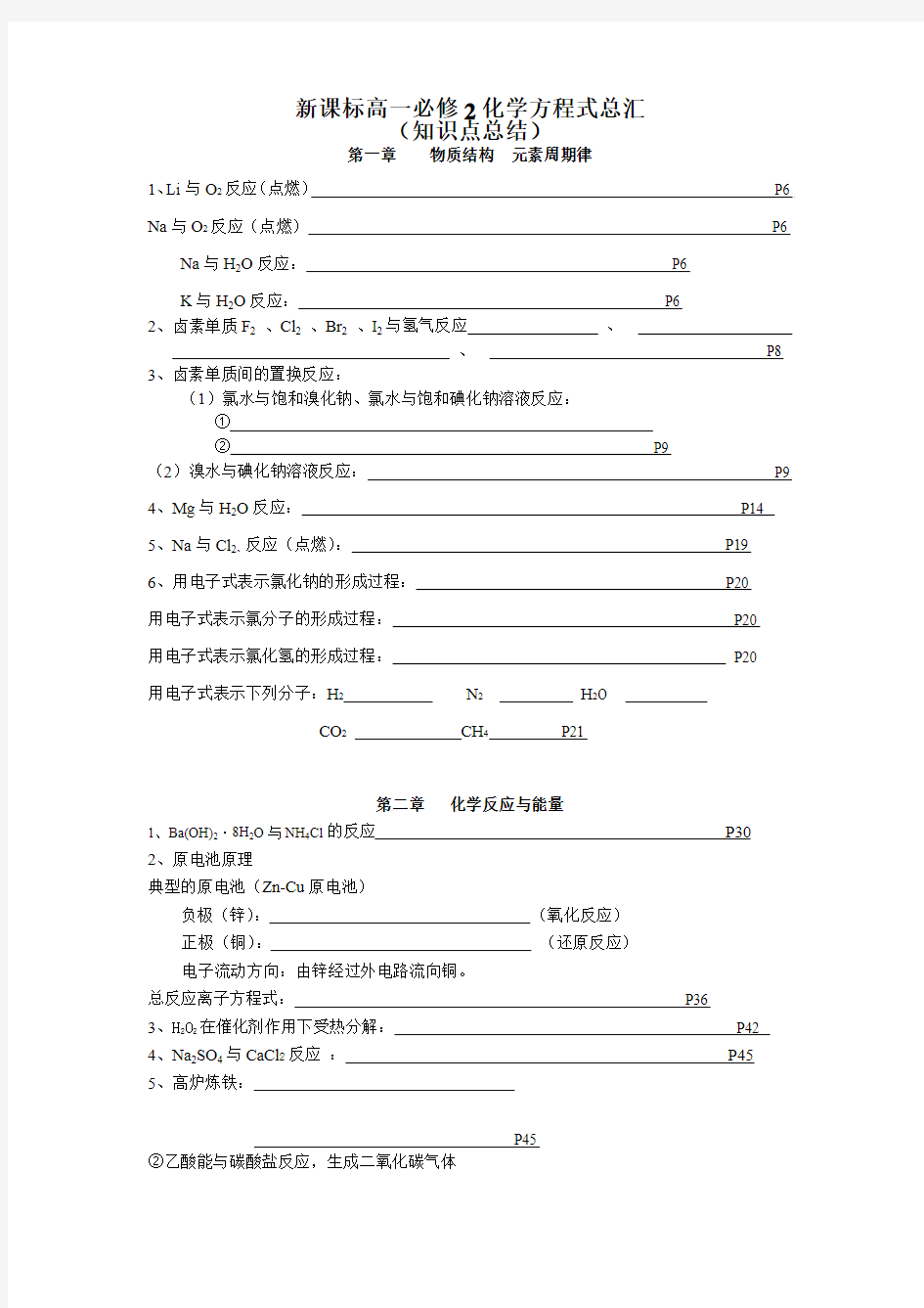 必修2化学方程式总汇