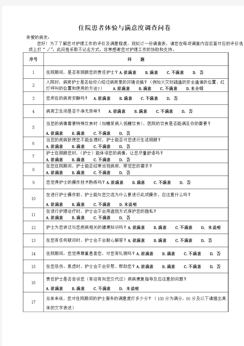 (2015年国家卫计委第三方问卷调查)住院患者体验与满意度和护士满意度调查