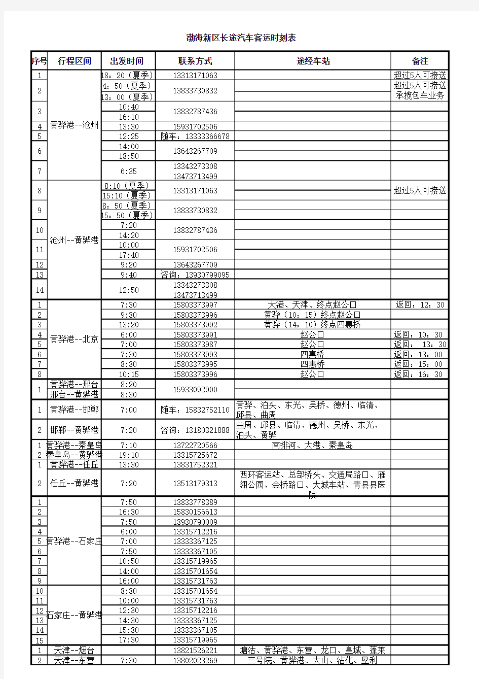 新区长途汽车客运时刻表