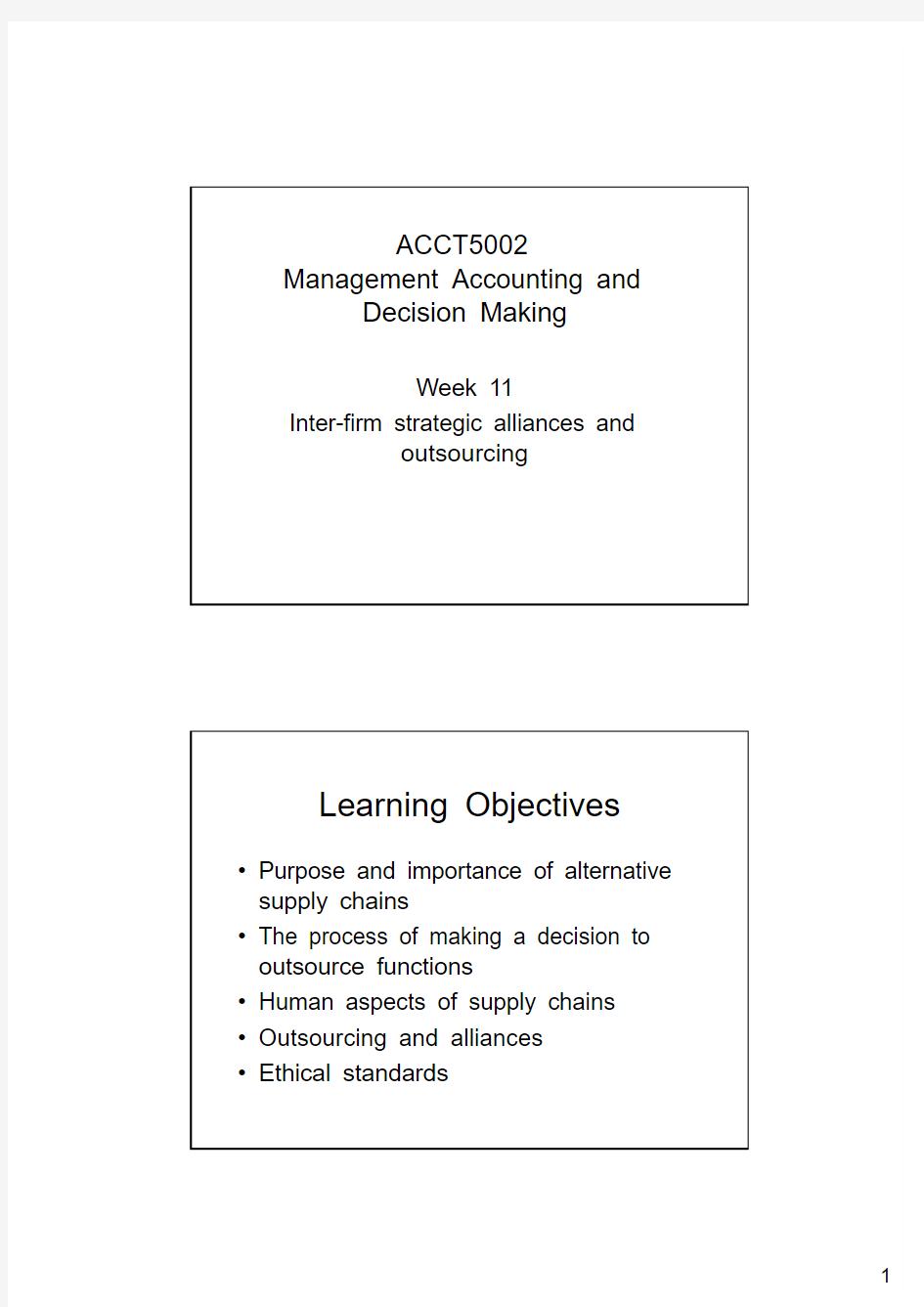 ACCT5002_Managerial Accounting and Decision Making_2009 Semester 2_2009 s2 ACCT5002 Week 11