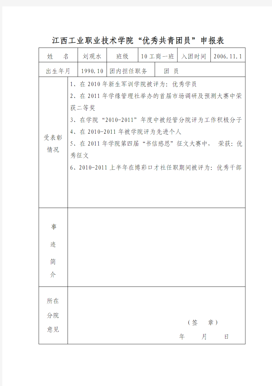 “优秀共青团员”申报表