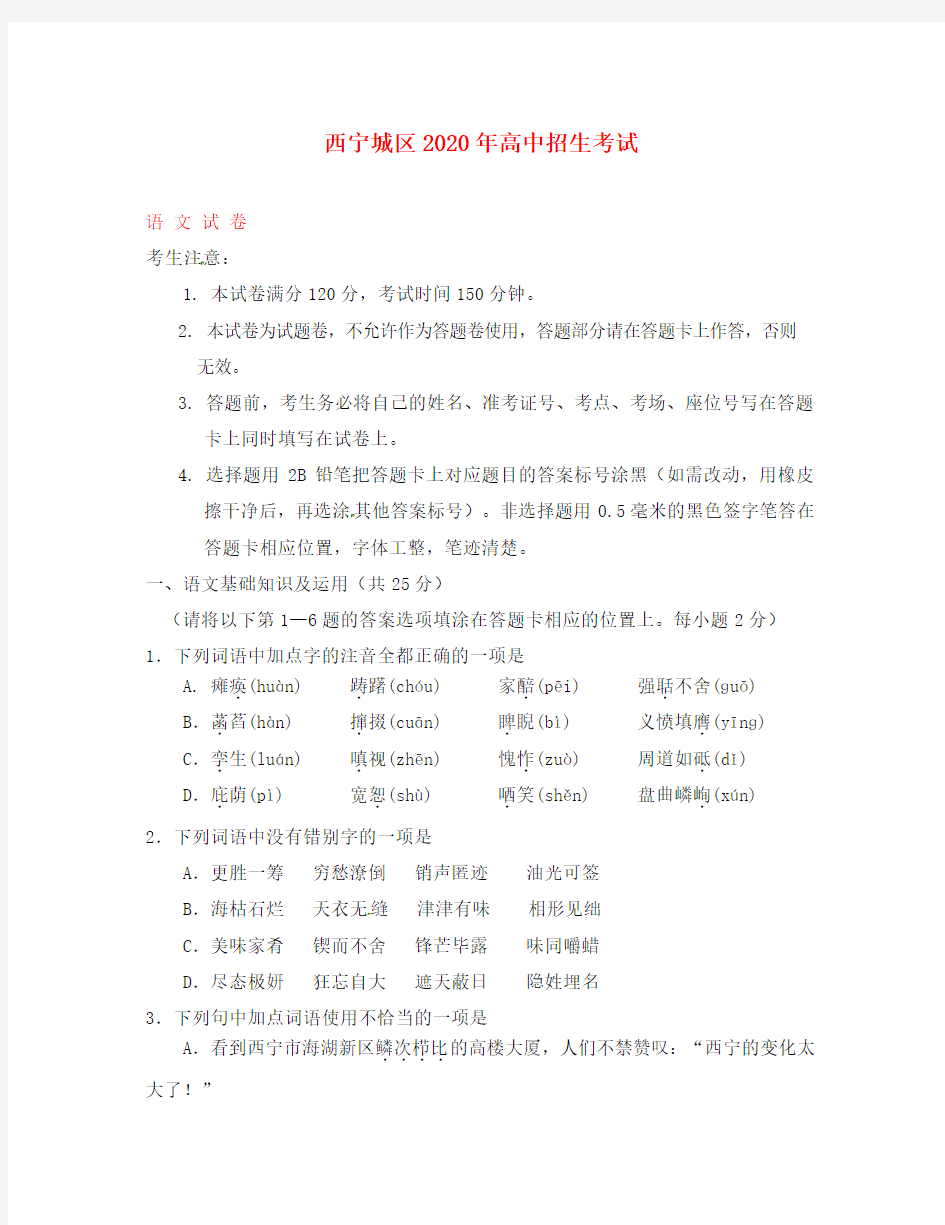 青海省西宁市2020年中考语文真题试题(含答案)