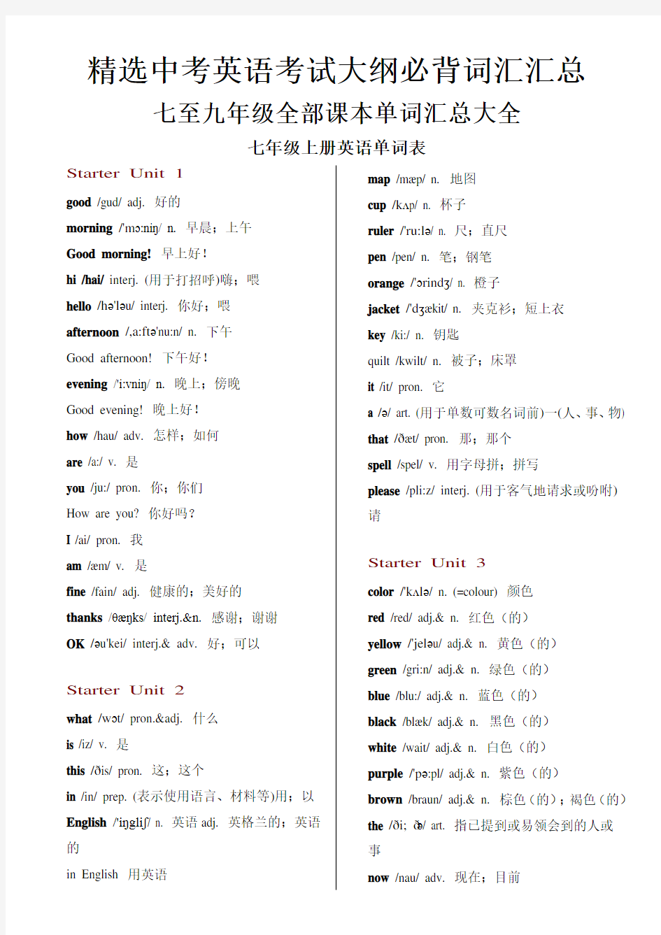 新人教版初中英语七至九年级全部课本单词汇总大全