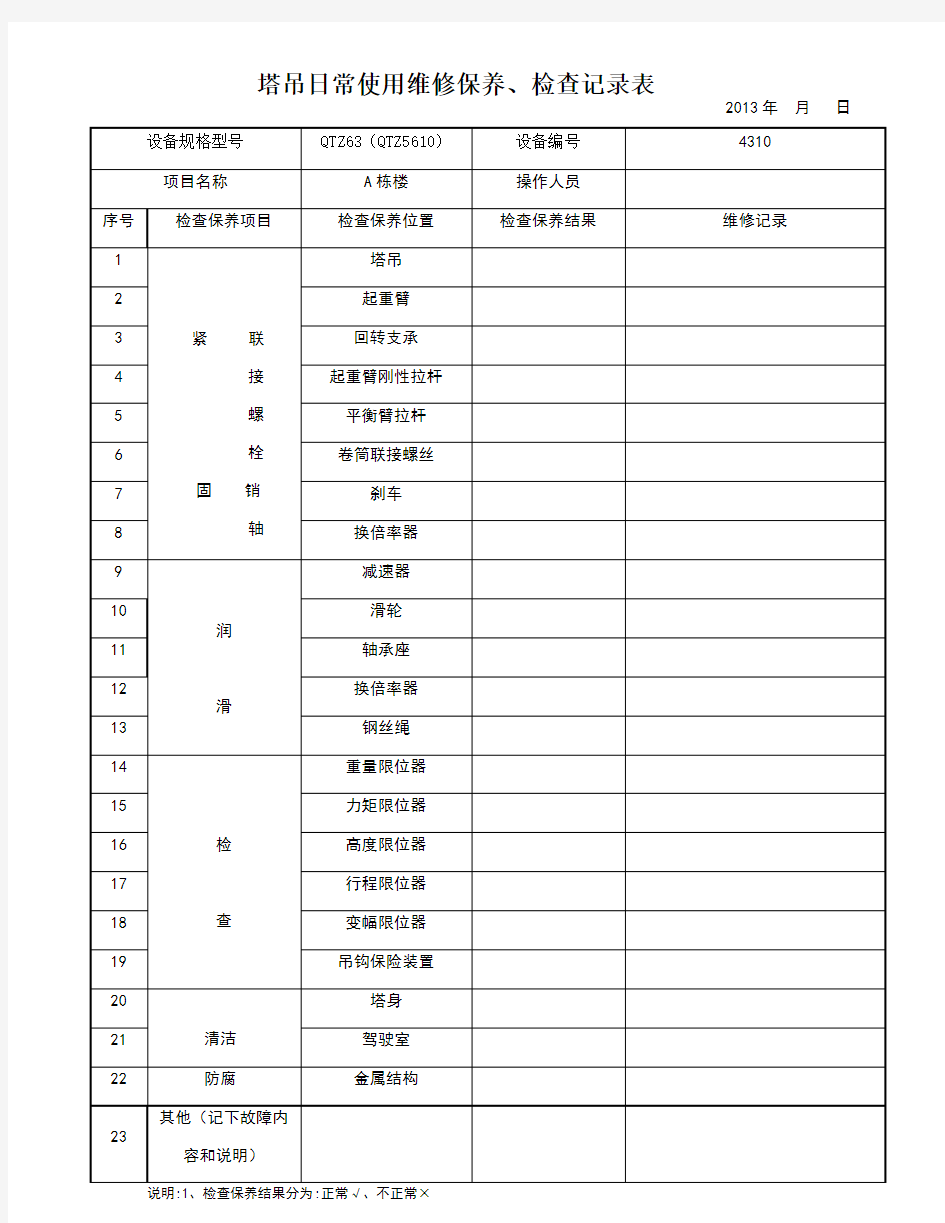 塔吊日常使用维修保养、检查记录表