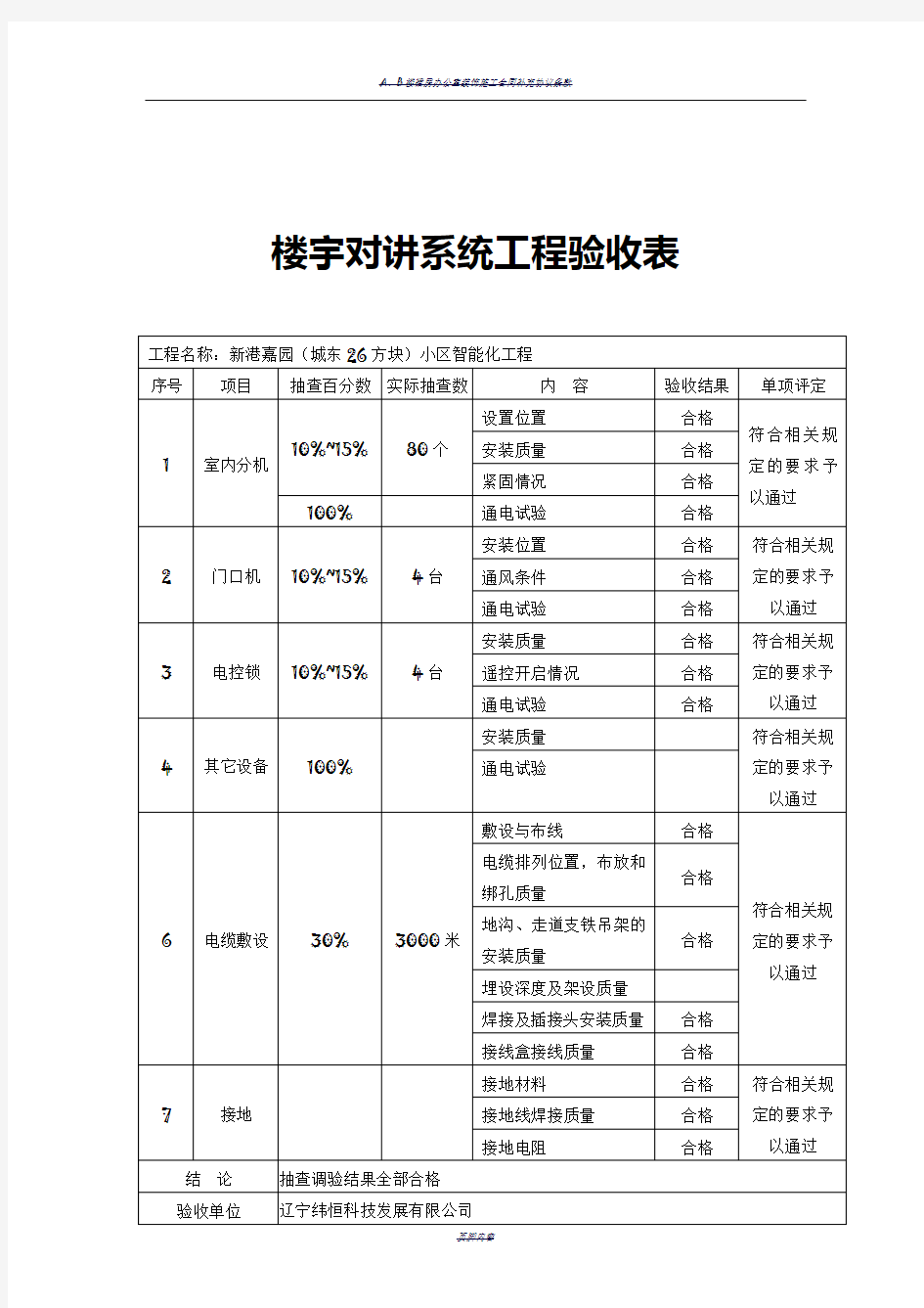 11-楼宇对讲系统工程验收表(B0)