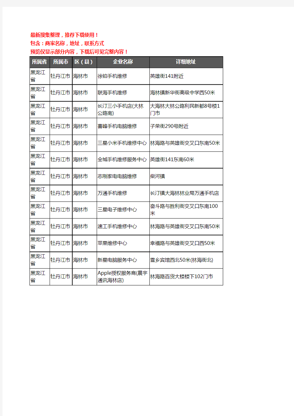 新版黑龙江省牡丹江市海林市数码维修企业公司商家户名录单联系方式地址大全13家