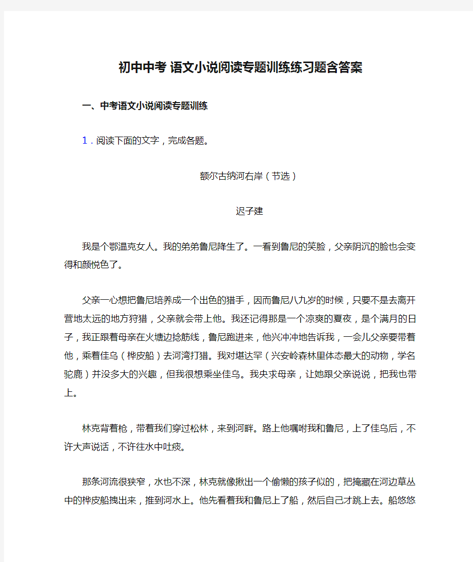 初中中考 语文小说阅读专题训练练习题含答案