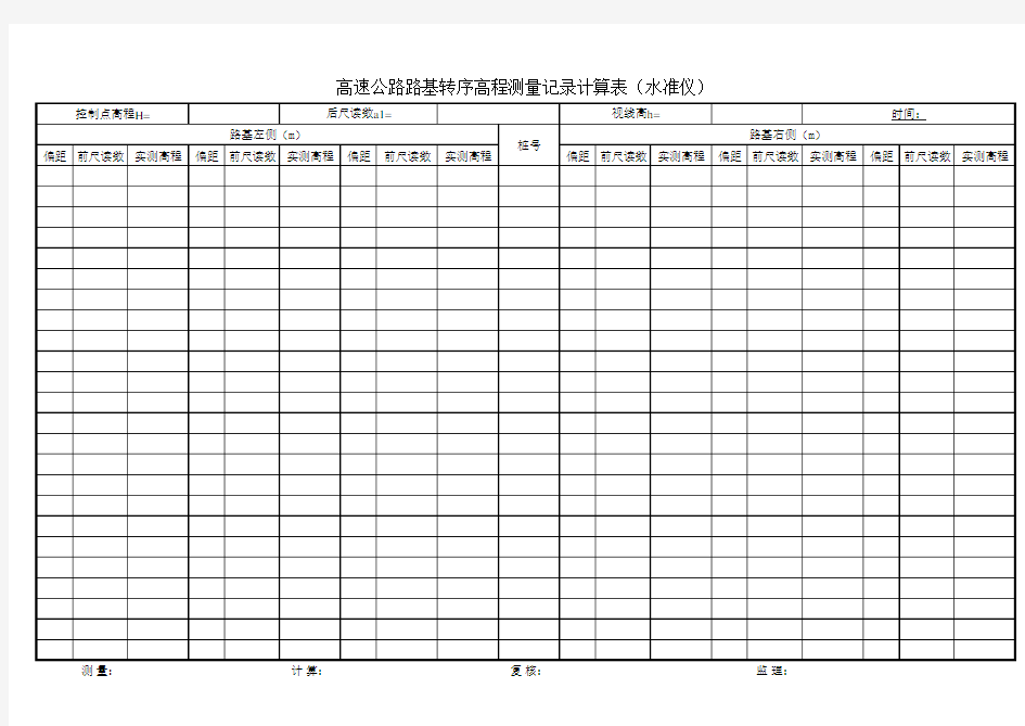 高速公路路基转序高程测量记录计算表(水准仪)