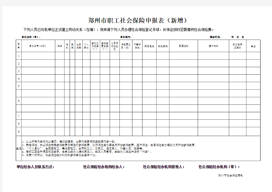 郑州市职工社会保险申报表