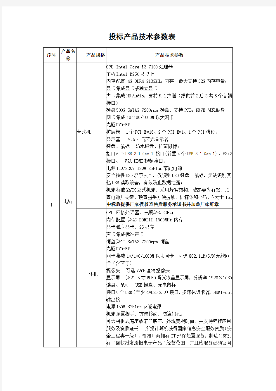 投标产品技术参数表.doc