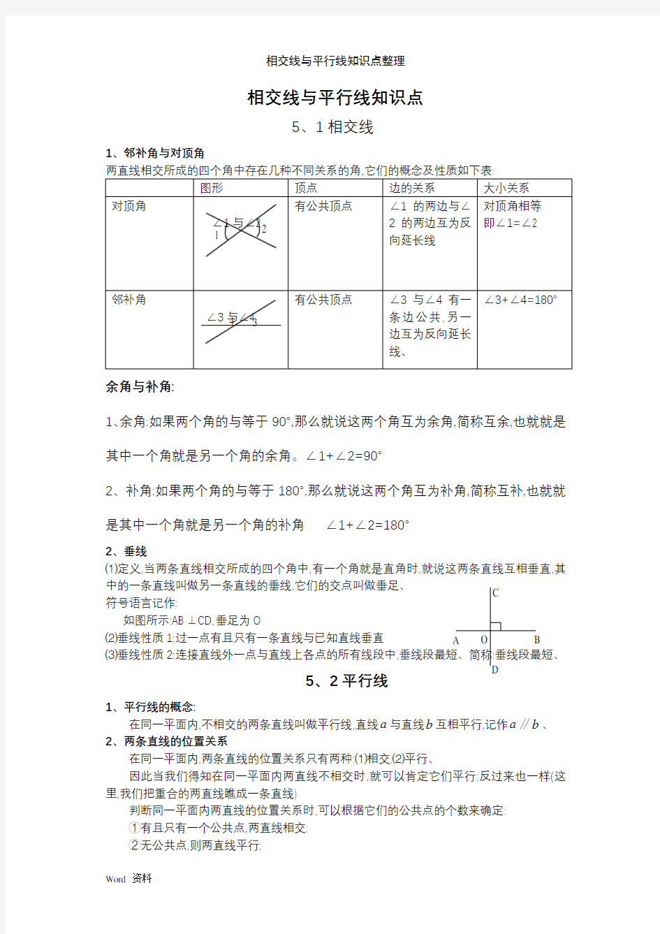 相交线与平行线知识点整理